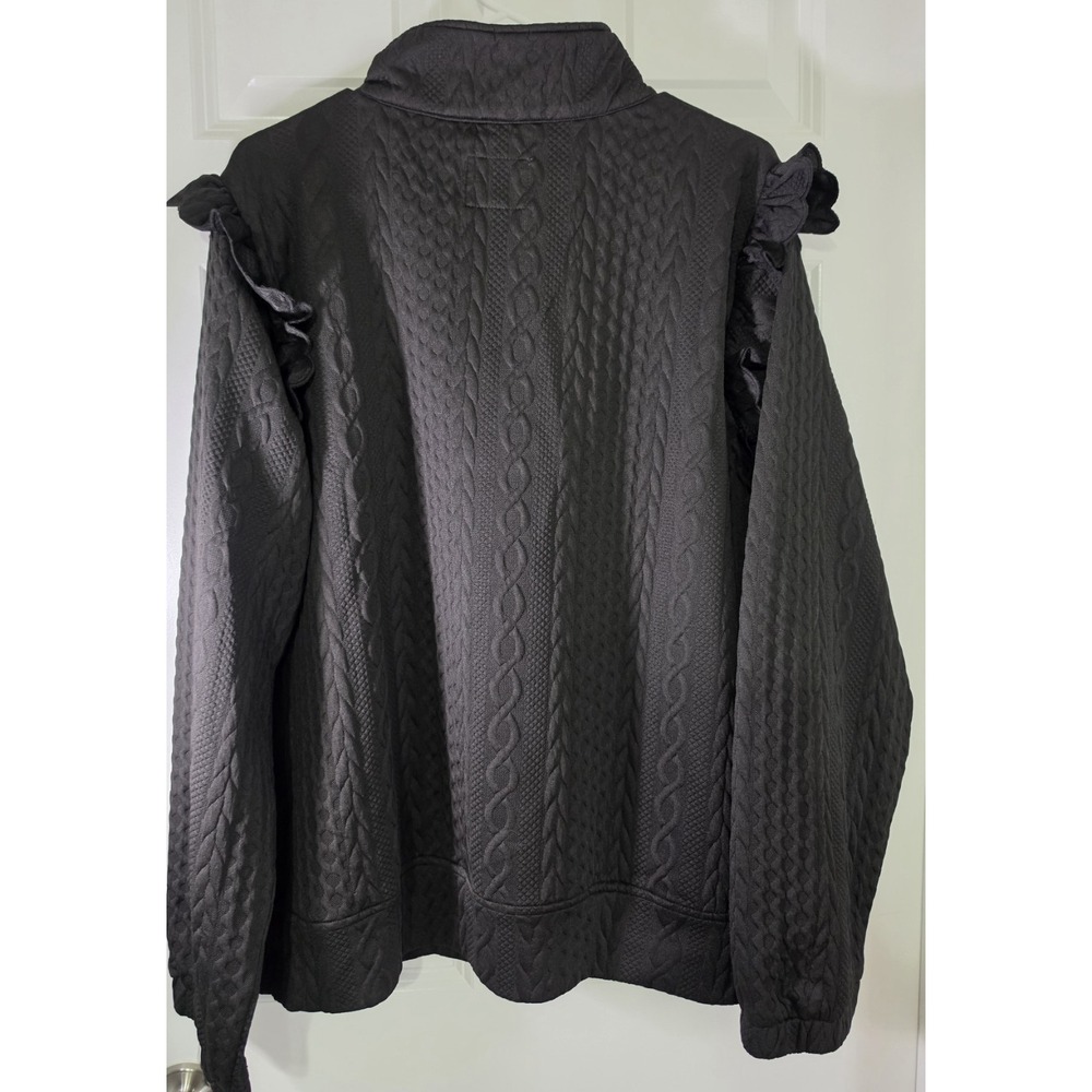 Umgee Black Textured Pullover Top Ruffle Sleeve Gold Zip Mock Neck Womens - Picture 6 of 6